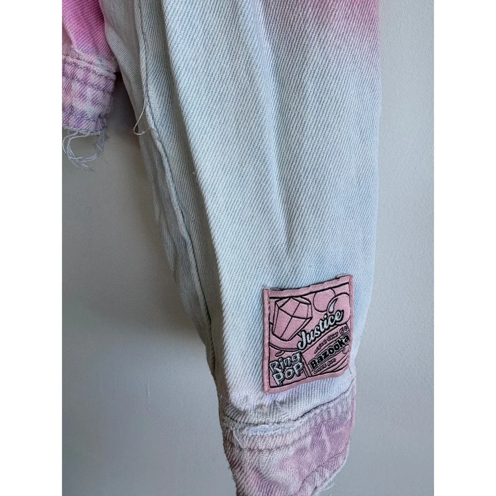 Justice Girls Denim Jacket Bazooka Ring Pop Tie Dye Graphic Distressed L 12/14
